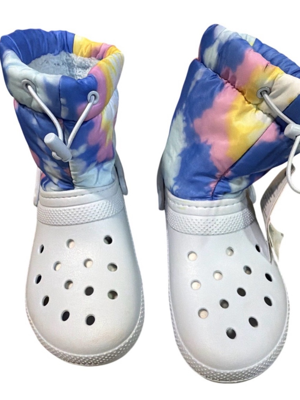 CROCS White Clog Boots with Blue Pink Yellow Tie-Dye Cuff